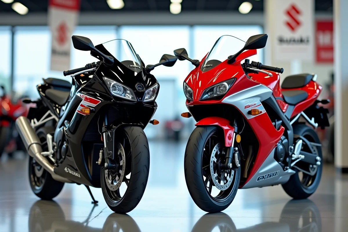 Deux Suzuki GSX 600 R côte à côte dans une concession moto, comparaison de coloris noir et rouge pour guider l'achat en 2026