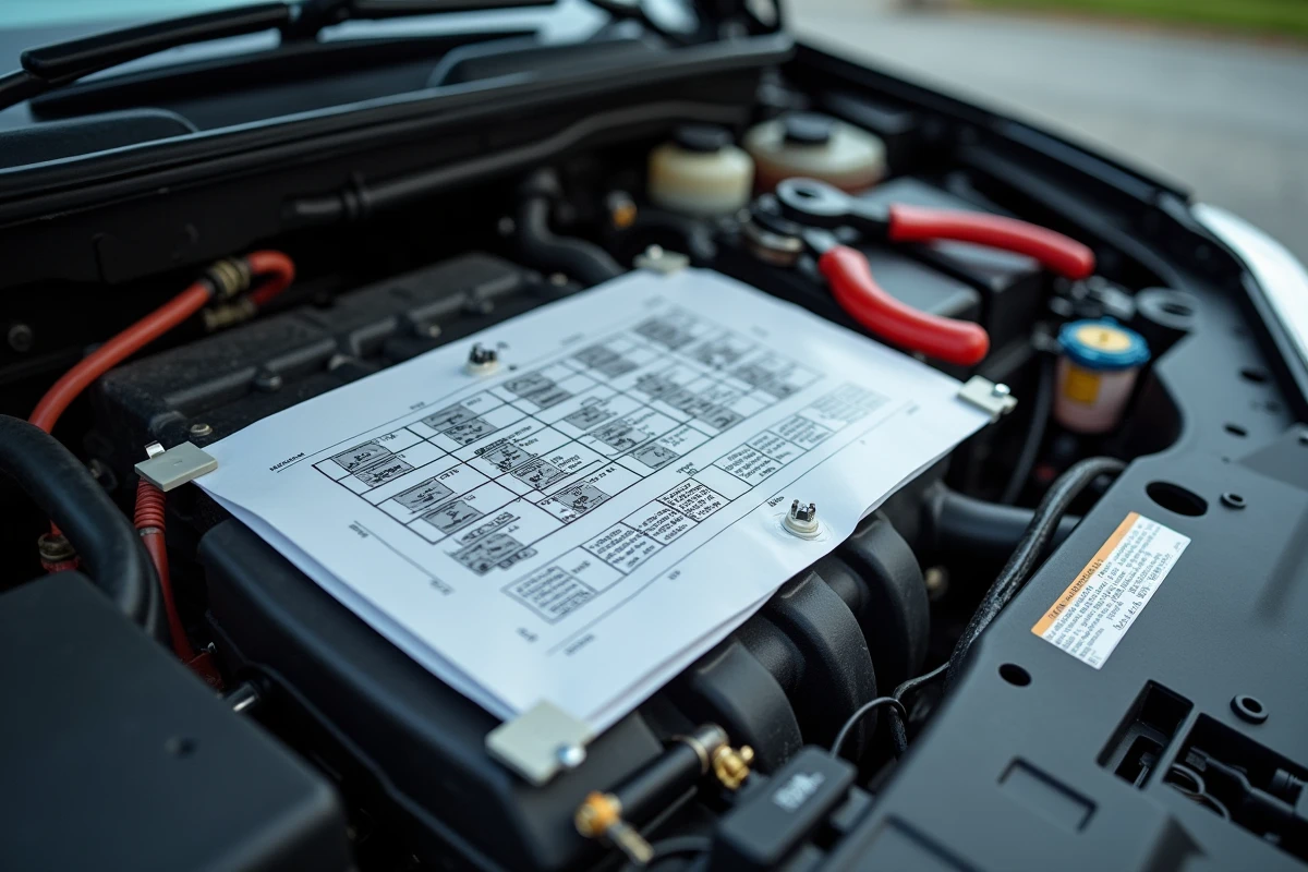 Vue rapprochée du compartiment moteur d'une Mégane 3 avec schéma électrique et connecteur mal assemblé visible