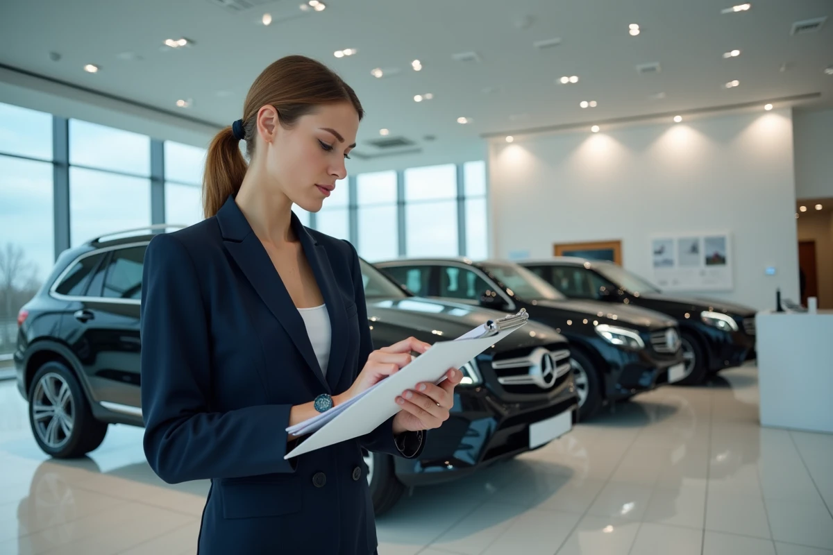 Conseill&egrave;re automobile examine des documents dans une concession de voitures de luxe haut de gamme