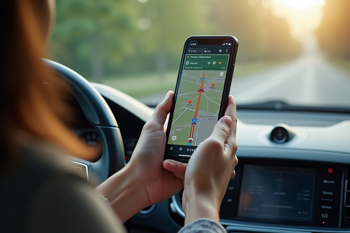 Conducteur utilisant GPS sur smartphone dans la voiture