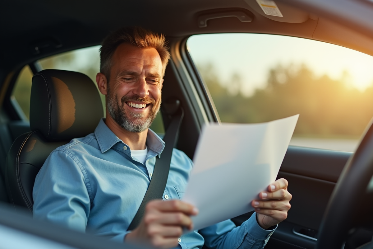 Homme souriant avec document d'assurance auto en main