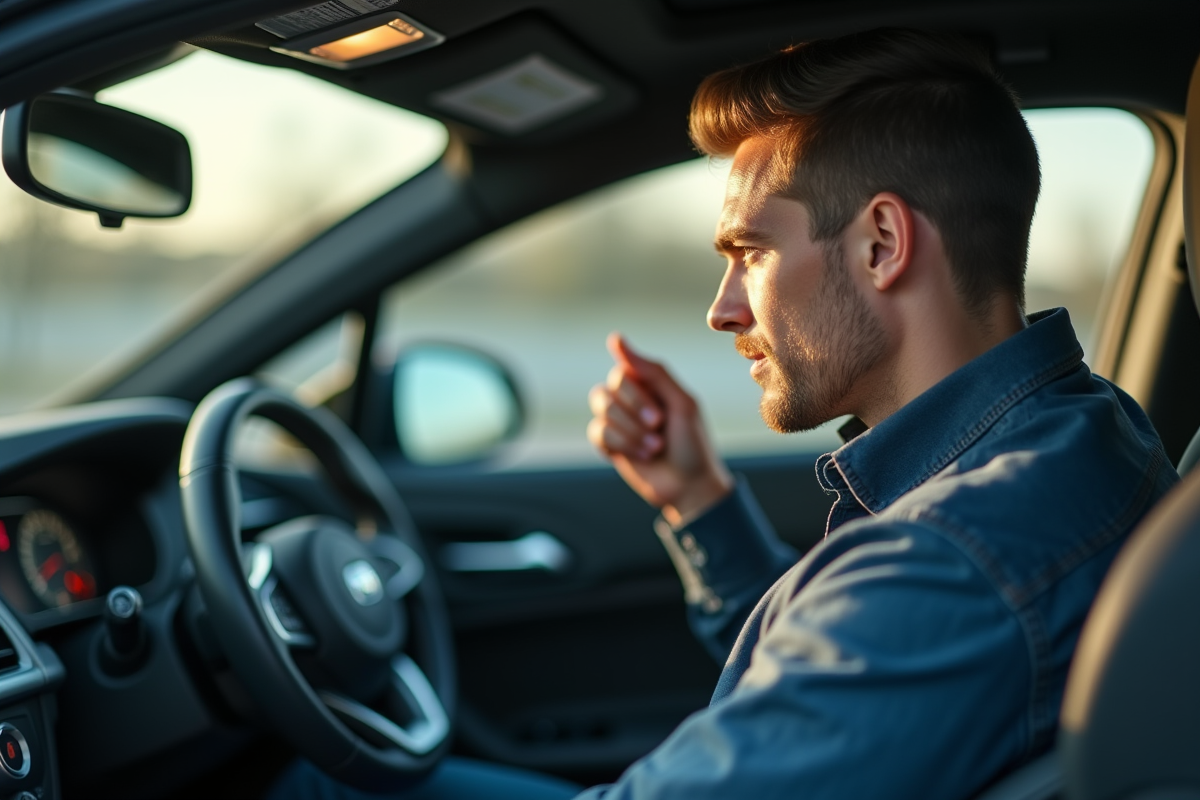 Homme dans la voiture moderne écoute un bruit suspect