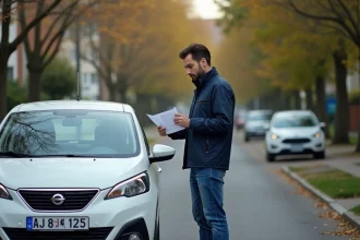 Homme français vérifiant ses papiers à côté d'une voiture blanche