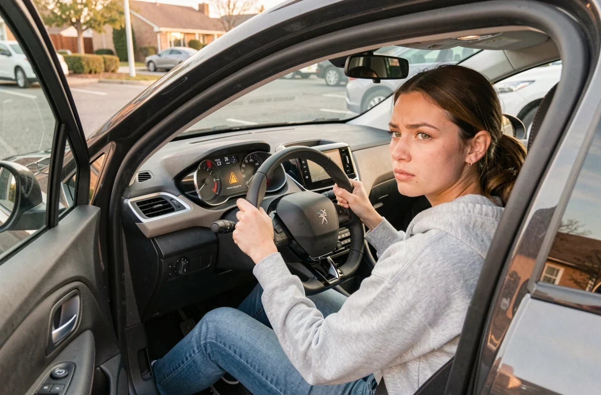 Conductrice d'une Peugeot 208 observant un voyant d'avertissement sur le tableau de bord i-Cockpit