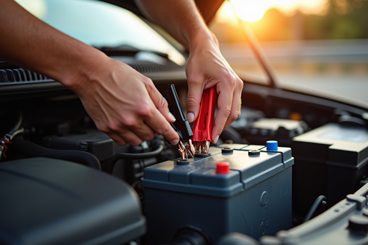 Personne connectant une batterie booster à une voiture en plein jour
