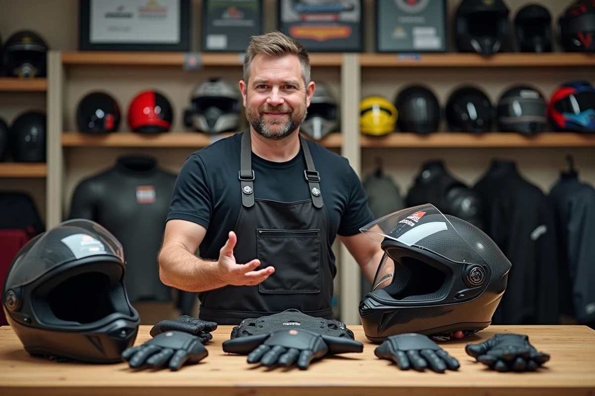 Spécialiste en équipement moto présentant des protections complètes pour moto puissante sur un établi dans un magasin spécialisé
