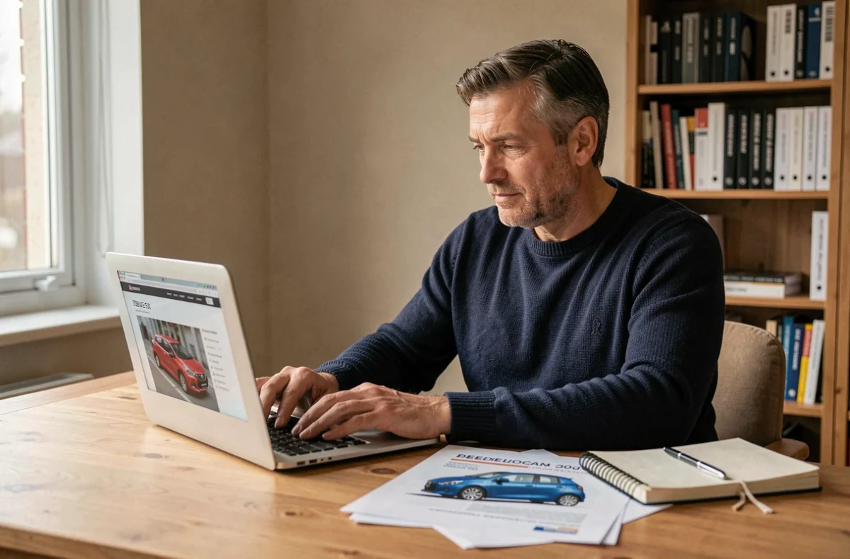 Homme consultant une fiche technique Peugeot 208 sur ordinateur portable pour comparer Wikipedia et sources spécialisées