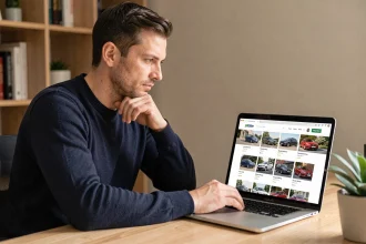 Homme consultant une liste de voitures sur un site d'annonces auto en ligne depuis son bureau à domicile