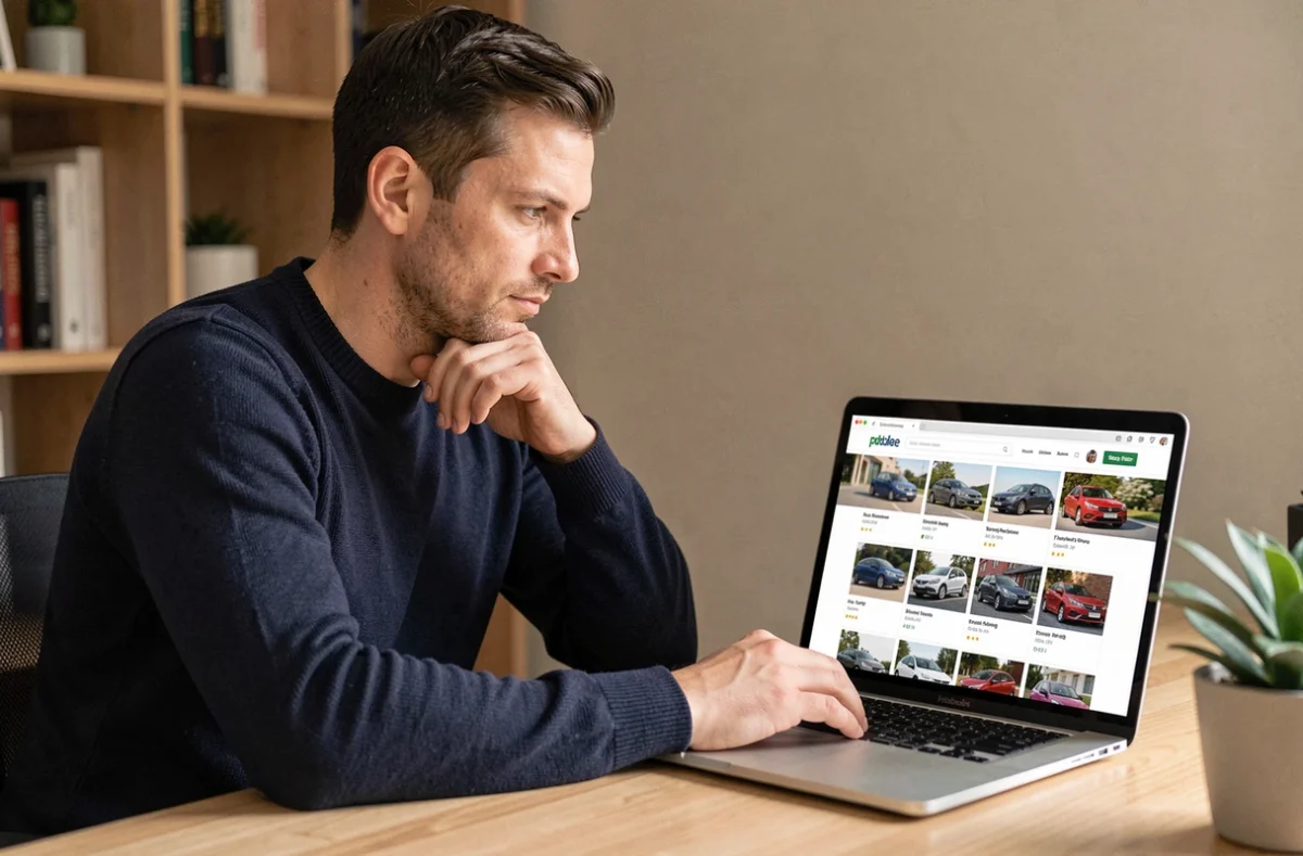 Homme consultant une liste de voitures sur un site d'annonces auto en ligne depuis son bureau à domicile