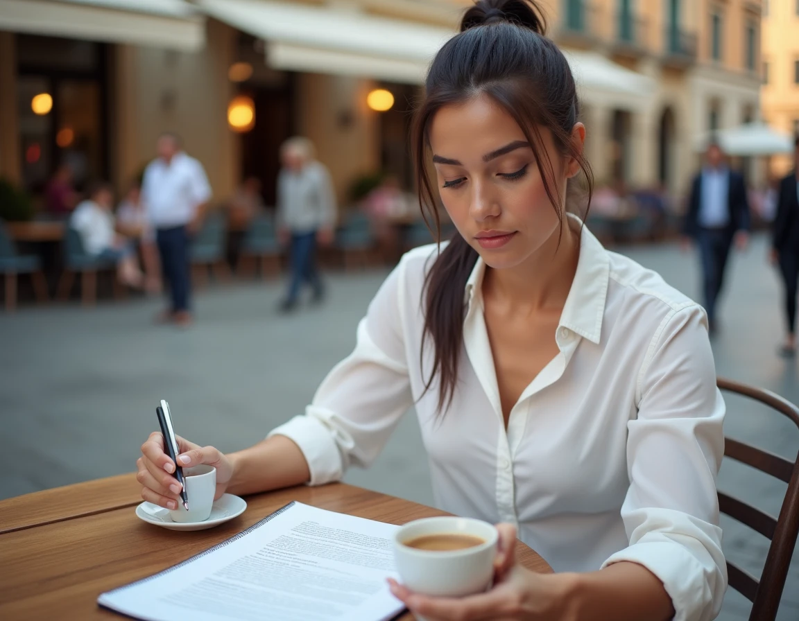 Femme lisant attentivement un avis d'amende italienne dans un café en plein air sur une piazza italienne