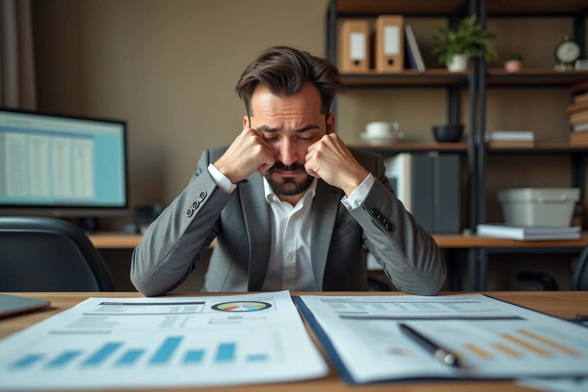 Chef d'entreprise stressé étudiant un contrat de leasing de fourgon utilitaire avec des documents financiers sur son bureau, symbolisant les coûts cachés et la mauvaise rentabilité