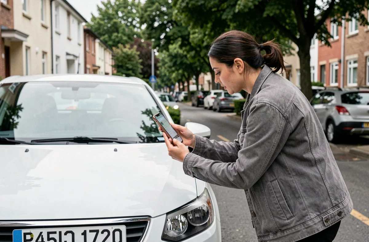 Femme photographiant une plaque d'immatriculation UA avec son smartphone dans une rue résidentielle pour en vérifier l'authenticité