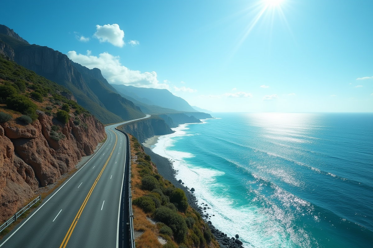 Autoroute côtière avec falaises et mer turquoise ensoleillée