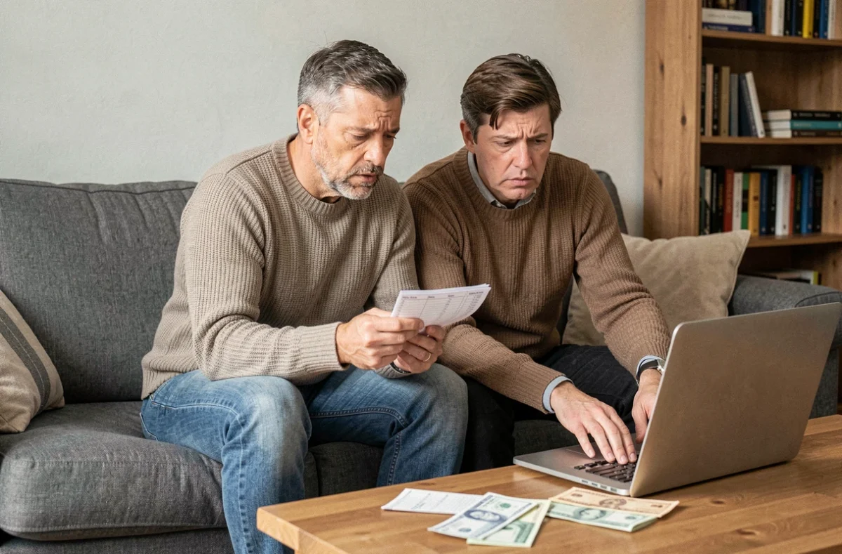 Couple inquiet révisant un budget mensuel pour une voiture en leasing à 59 euros par mois sans apport