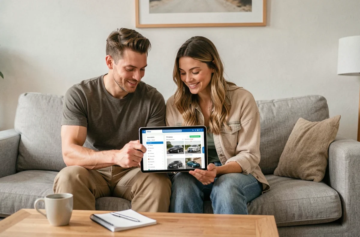 Couple consultant ensemble une liste de voitures sur tablette depuis leur salon avant d'acheter un véhicule
