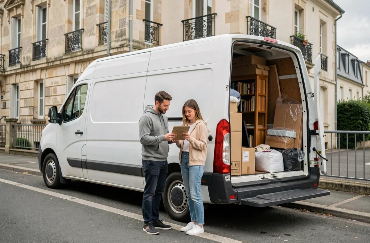 Couple vérifiant une liste de déménagement devant un Renault Master 11m3 chargé de meubles et cartons devant un immeuble parisien