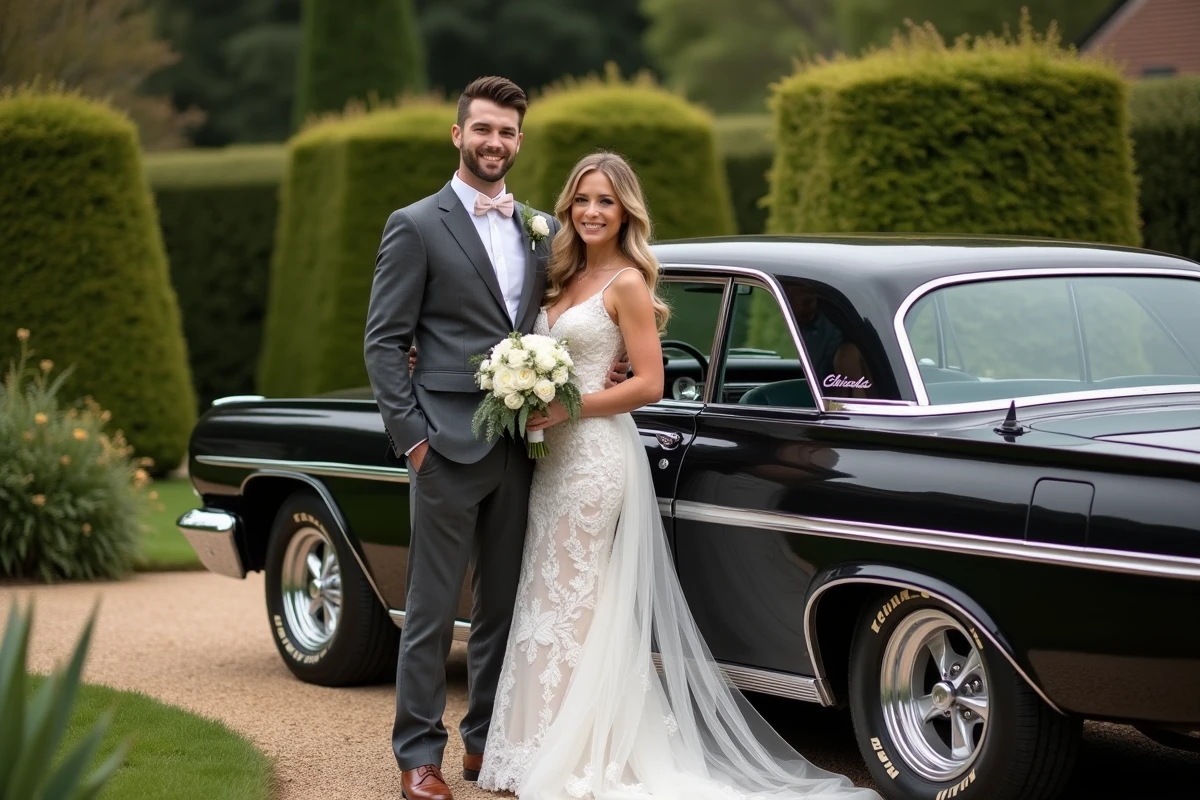 Couple de mariés souriant devant une Chevrolet Impala noire classique décorée dans un jardin lors de leur mariage