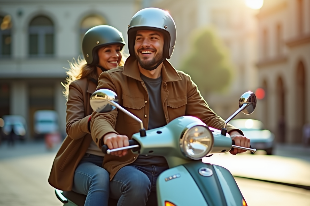 Couple souriant sur scooter moderne en ville durant la journée