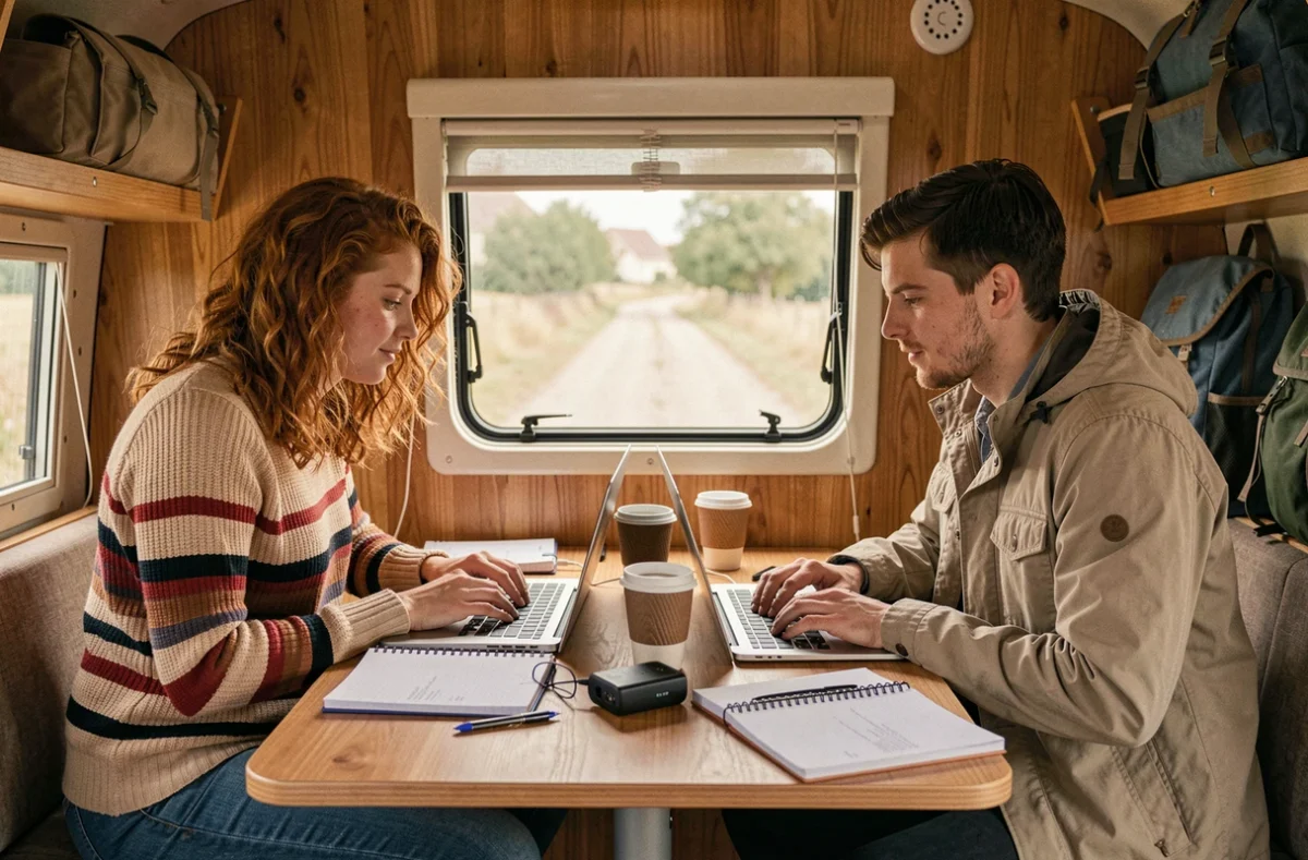 Couple en télétravail à l'intérieur d'un van aménagé avec ordinateurs portables, fenêtre ouverte sur la campagne française