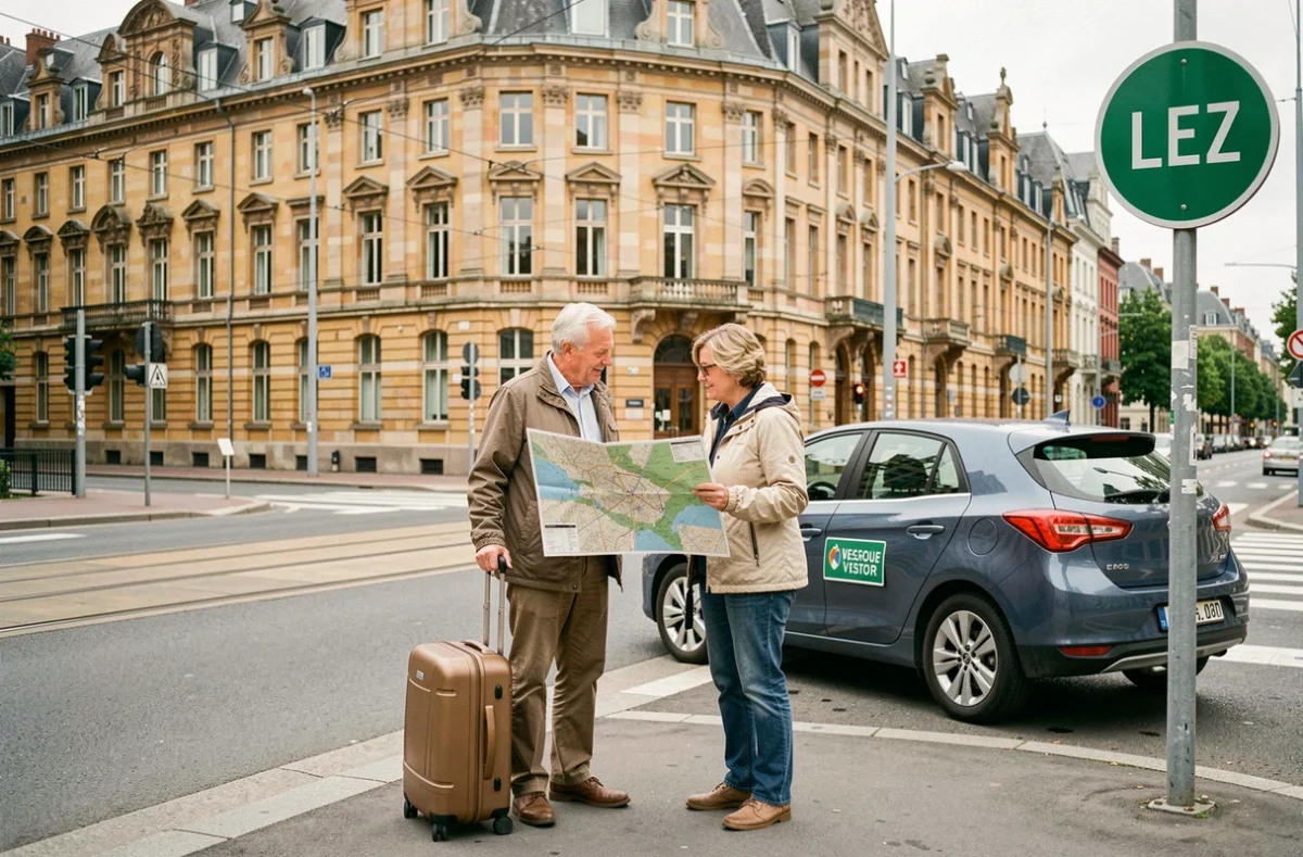 Couple de touristes consultant une carte devant un panneau de zone à basses émissions à Bruxelles lors d'un city-trip