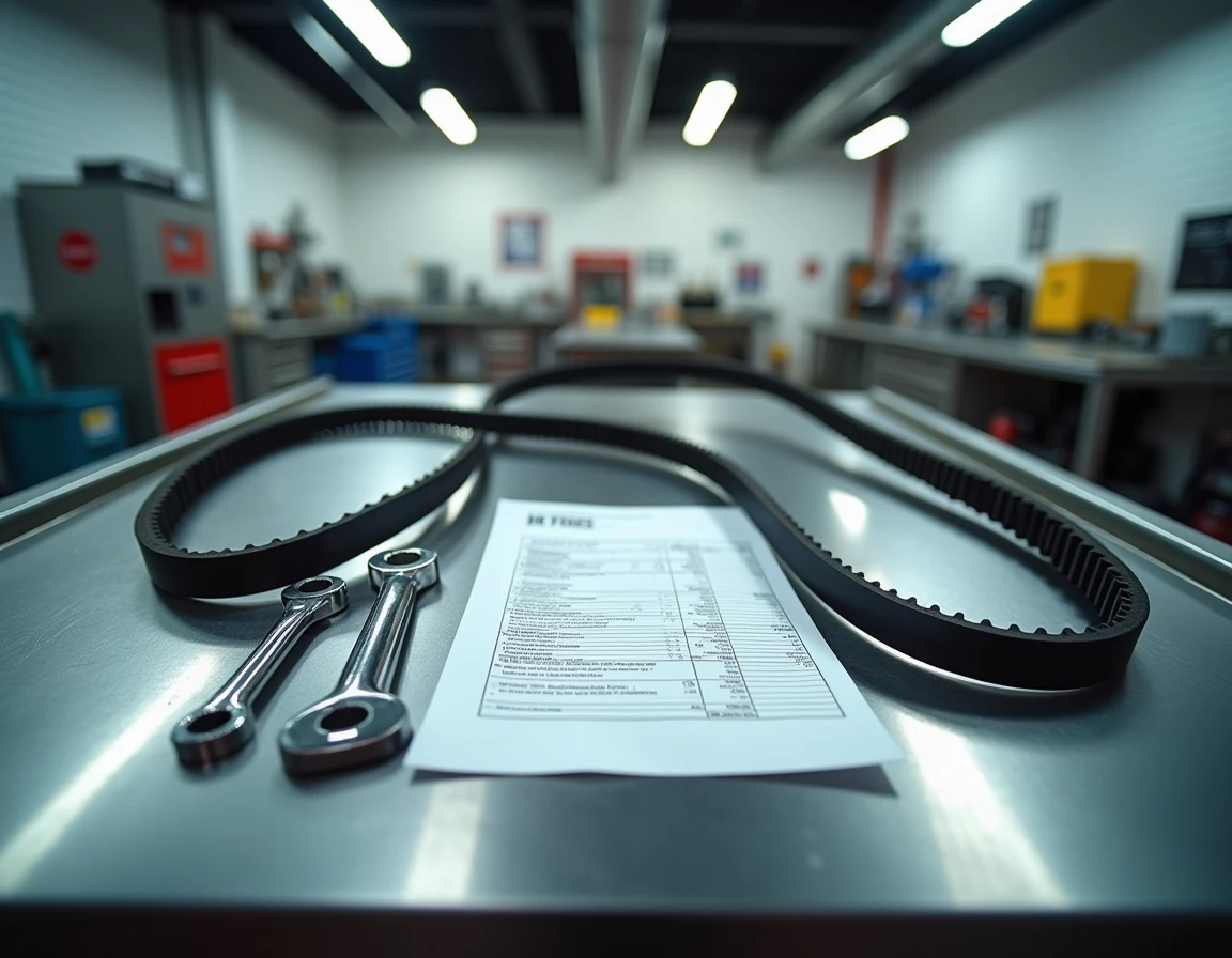 Courroie de distribution usée posée sur un établi avec facture de réparation et outils mécaniques