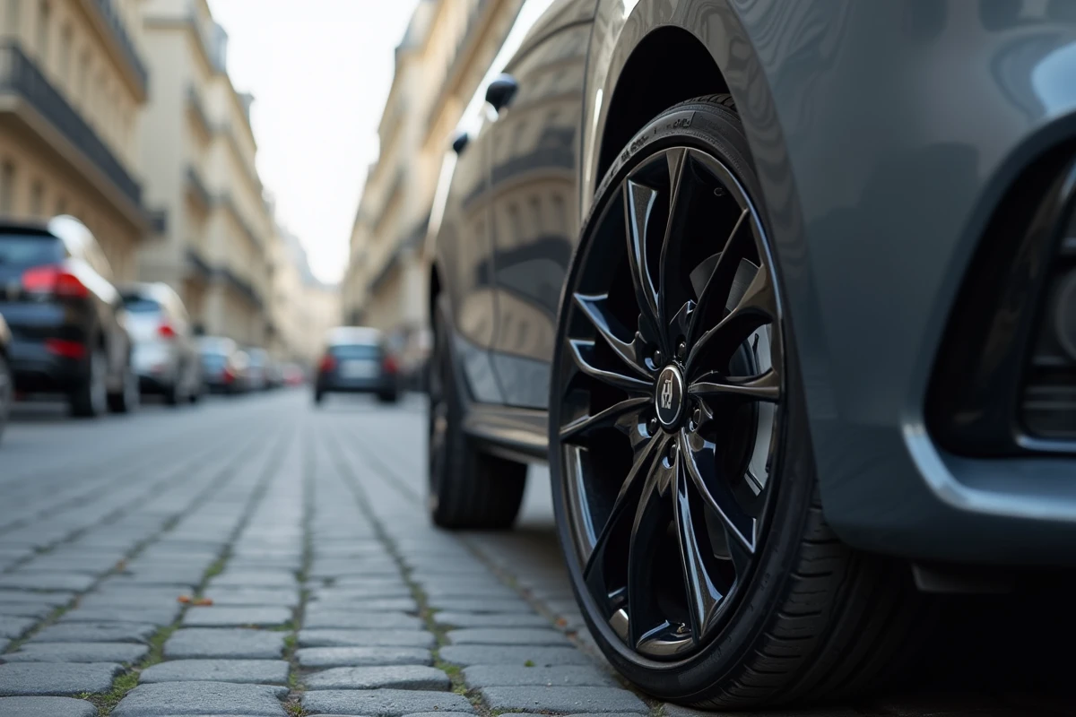 Gros plan d'une jante en alliage recouverte d'un covering carbone brillant sur une voiture garée dans une rue parisienne
