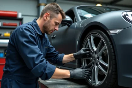 Technicien automobile appliquant un covering vinyle noir mat sur une jante en alliage dans un atelier de customisation professionnel