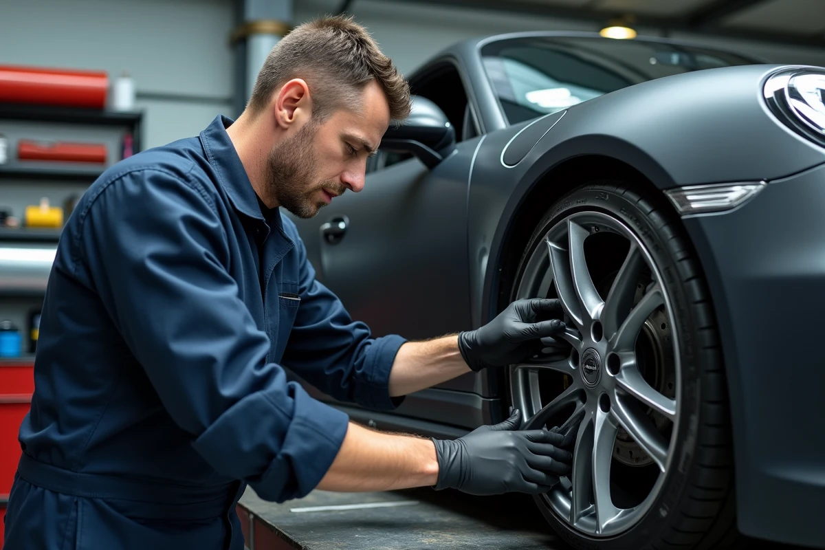 Technicien automobile appliquant un covering vinyle noir mat sur une jante en alliage dans un atelier de customisation professionnel