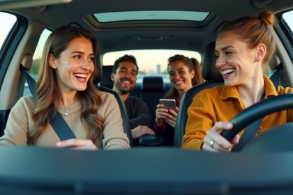 Groupe de personnes souriantes en covoiturage dans une voiture moderne