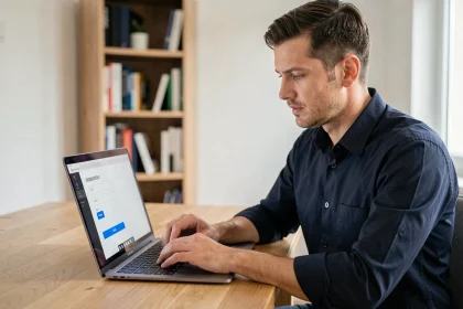 Homme créant un compte en ligne sur son ordinateur portable dans un bureau moderne