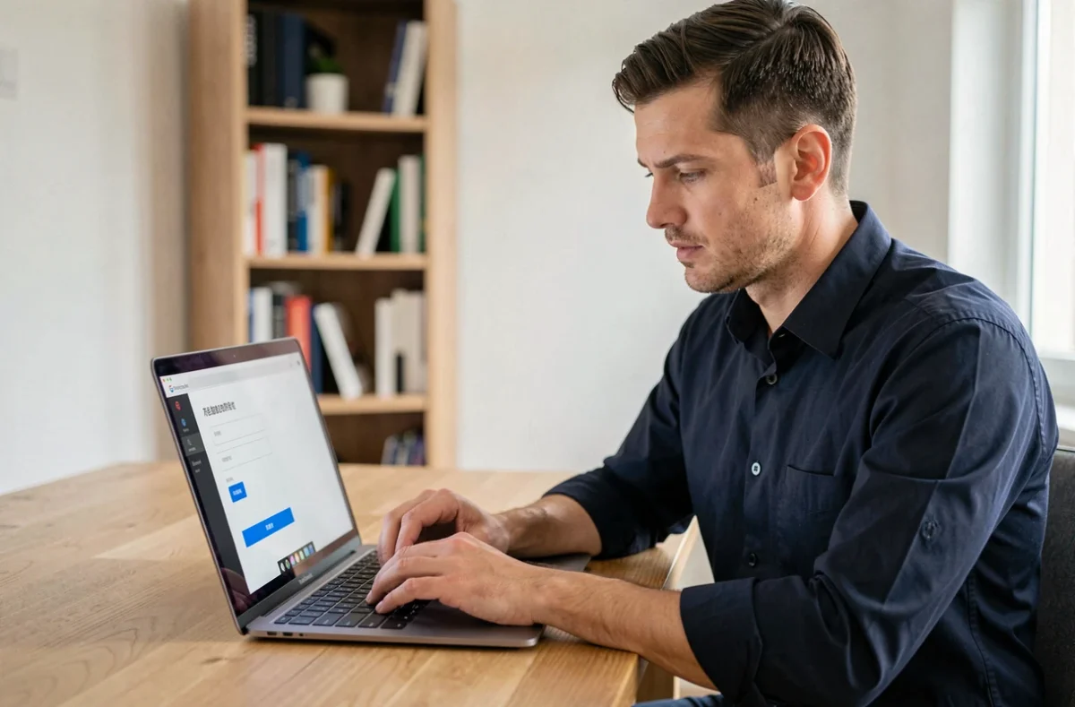 Homme créant un compte en ligne sur son ordinateur portable dans un bureau moderne
