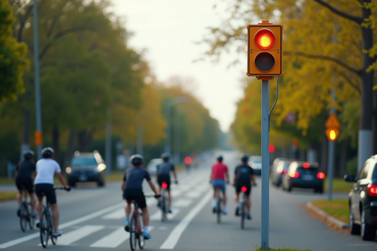 Croisement suburbain avec feu orange clignotant et cyclistes