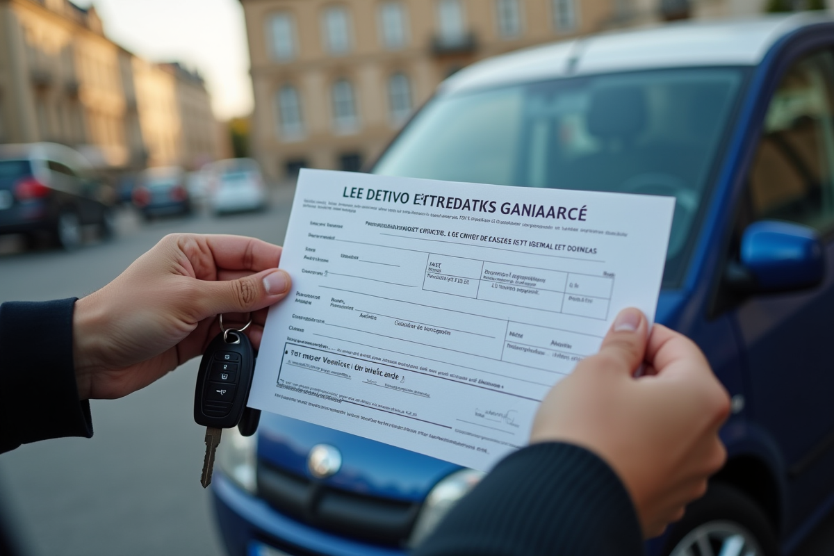 Personne tenant une carte grise et des clés de voiture devant une mairie