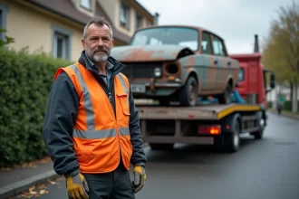 Ouvrier de dépanneuse charge une voiture endommagée