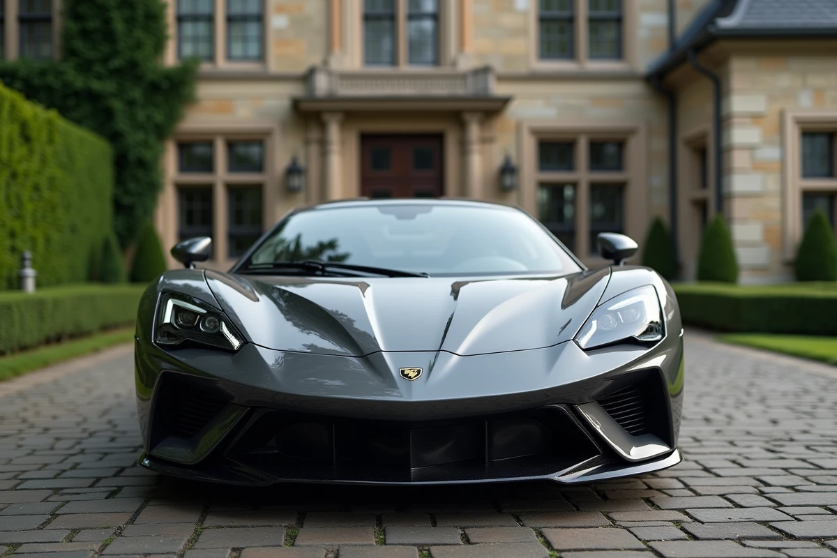 D&eacute;tail carrosserie et badge d'une voiture de sport de luxe gar&eacute;e devant un manoir priv&eacute;