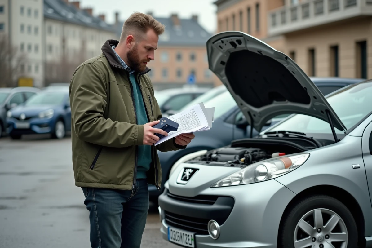 Propriétaire de Peugeot 207 utilisant un scanner OBD2 pour diagnostiquer un problème de système antipollution dans un parking urbain