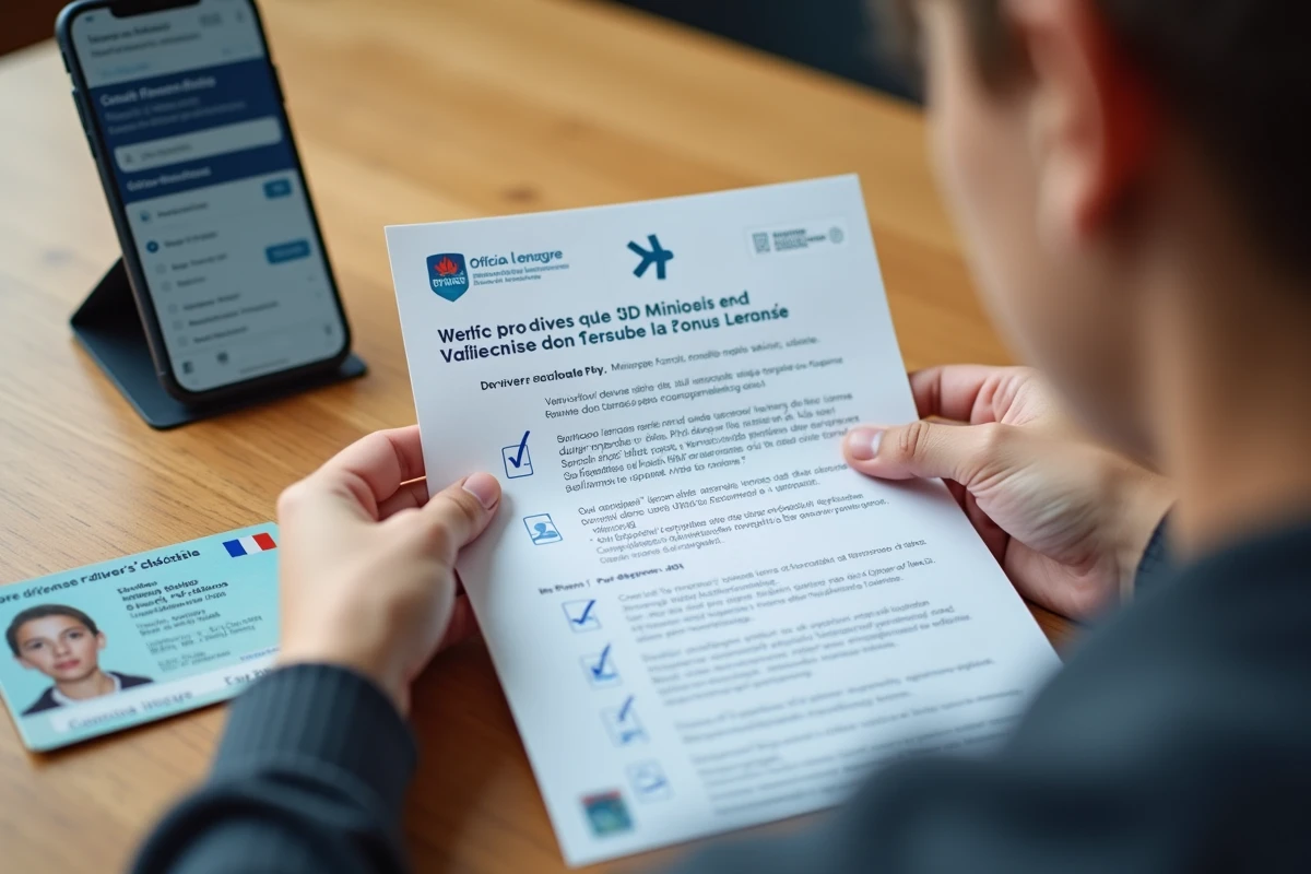 Gros plan sur un document PDF de vérification de permis de conduire 2026 posé sur une table avec un permis physique