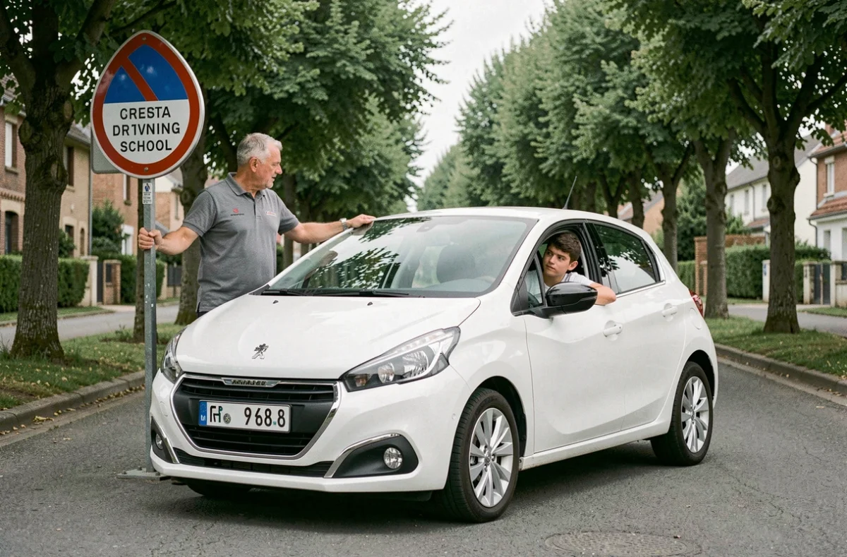 Moniteur d'auto-école expliquant la signalisation routière à un élève dans une rue du Nord, Driving School Linné