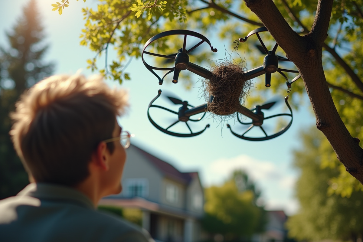 Drone coincé dans des branches d'arbre avec personne frustrée