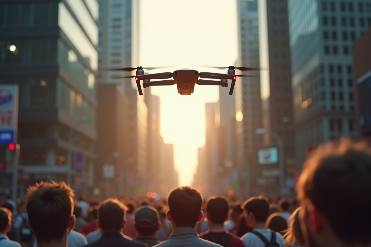 Drone survolant une rue urbaine avec des passants regardant en haut