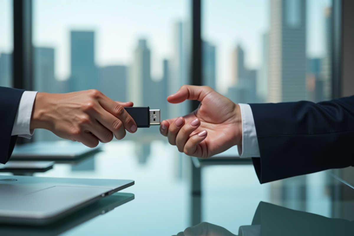 Main d'un professionnel échangeant une clé USB sur un bureau moderne