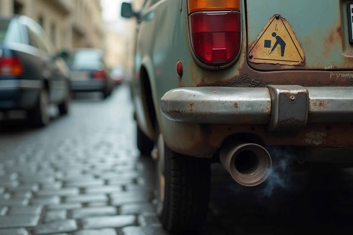 Pot d'échappement de voiture diesel émettant des fumées polluantes en zone urbaine