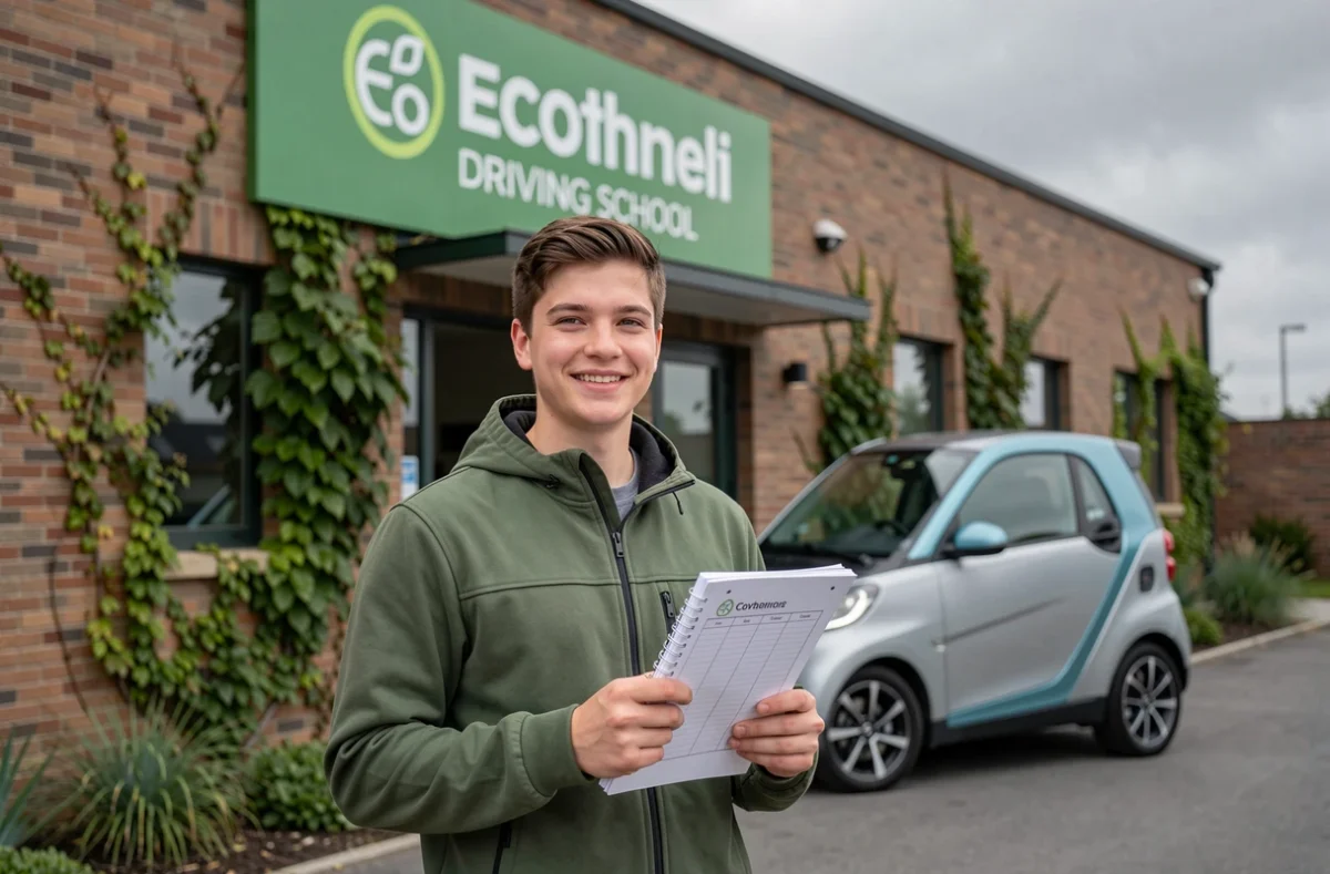 Élève devant les locaux d'une auto-école éco-responsable avec un véhicule électrique, Écopoints dans le Nord