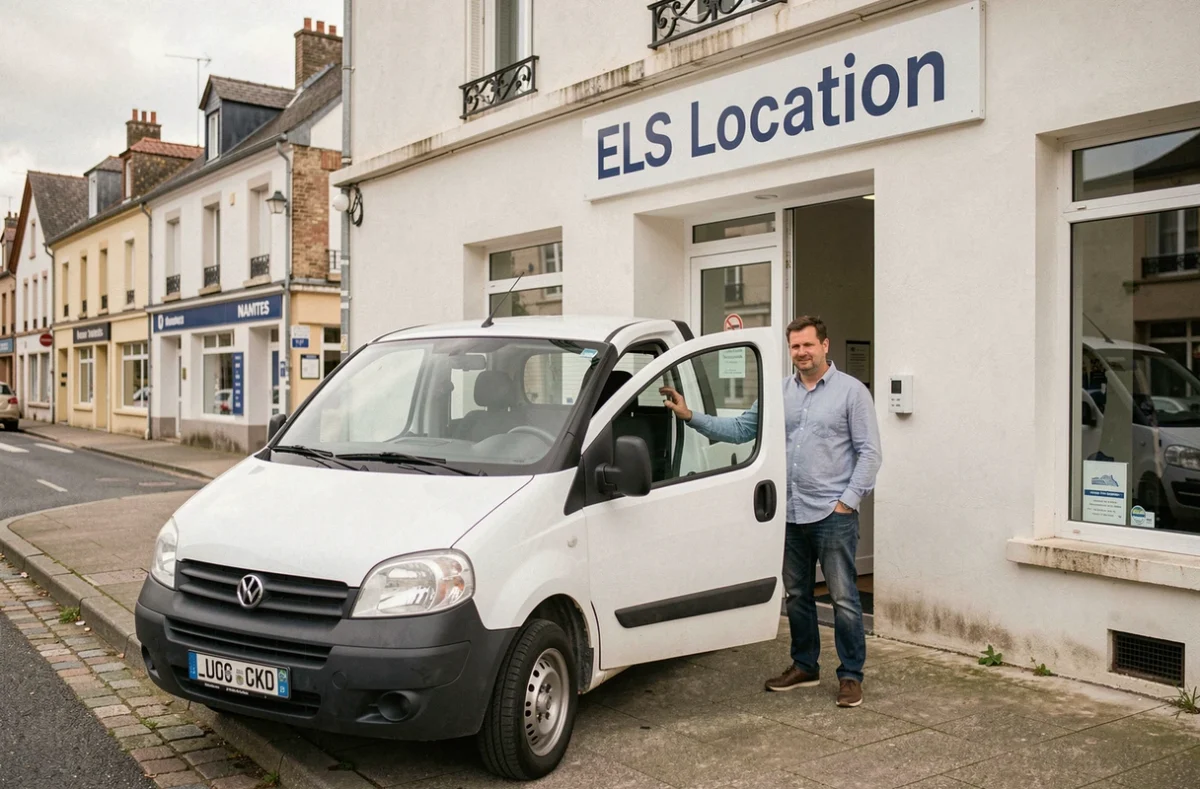 Façade de l'agence ELS Location avec son propriétaire devant un utilitaire blanc disponible à la location à Nantes