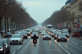 Embouteillage dense sur un boulevard urbain français avec panneau ZFE en arrière-plan