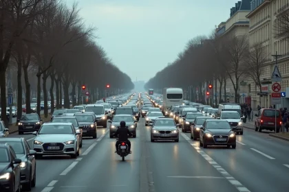 Embouteillage dense sur un boulevard urbain français avec panneau ZFE en arrière-plan