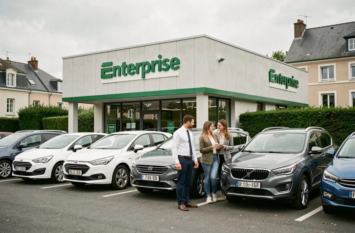Agence Enterprise Rent-A-Car avec un employé accompagnant un couple pour la remise d'un SUV de location sur le parking