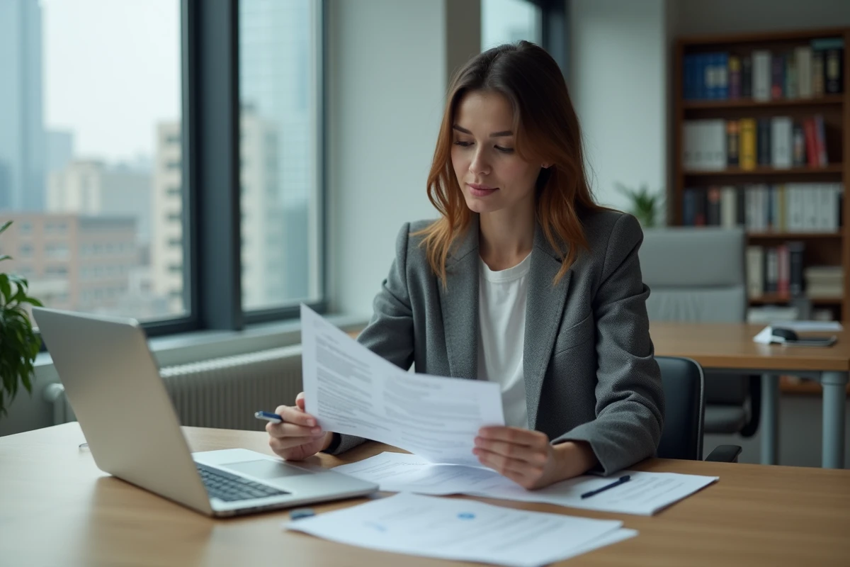 Femme en bureau administratif étudiant des documents d'équivalence pour l'obtention de la carte VTC avec CAP ou BEP