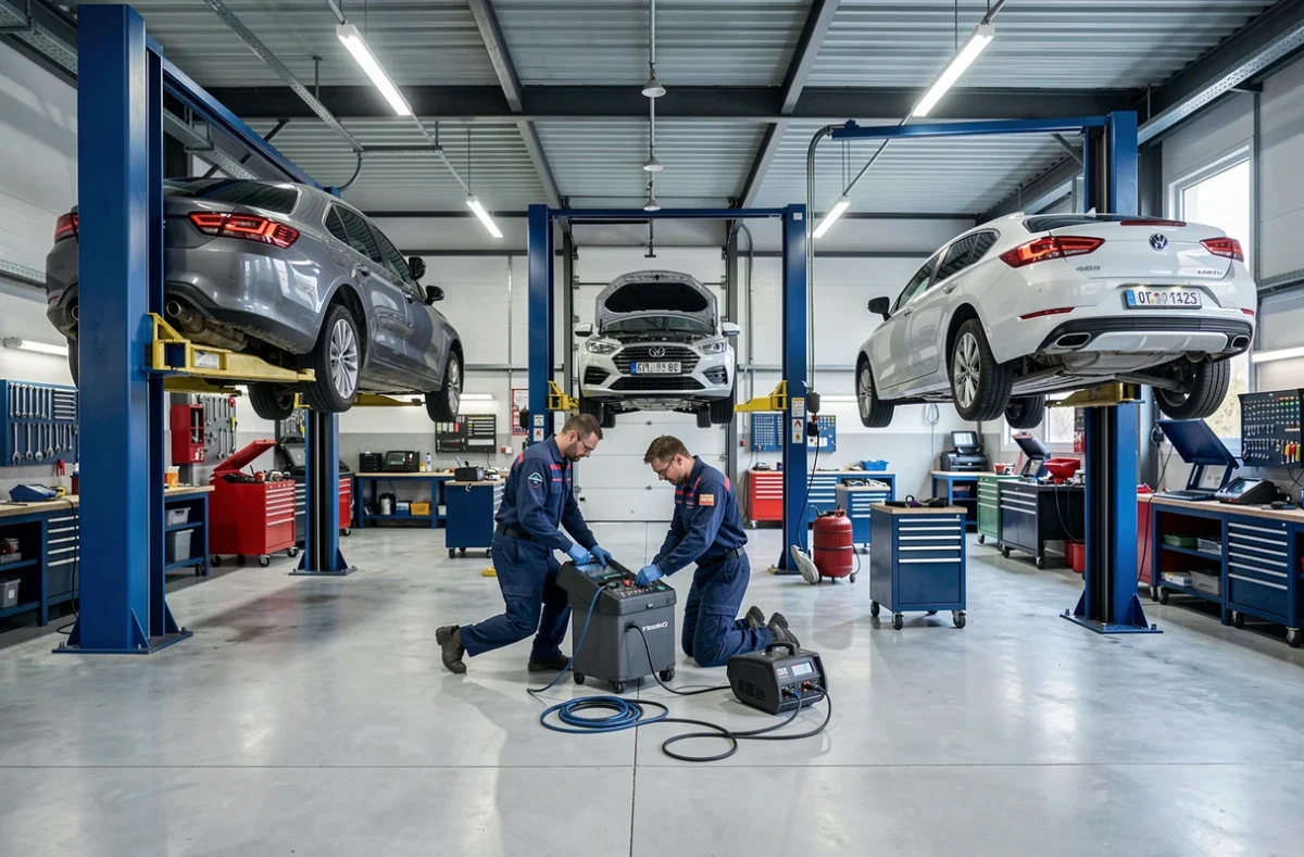 Atelier de l'Espace Auto de la Valoine à Feytiat avec plusieurs véhicules sur ponts élévateurs et mécaniciens au travail