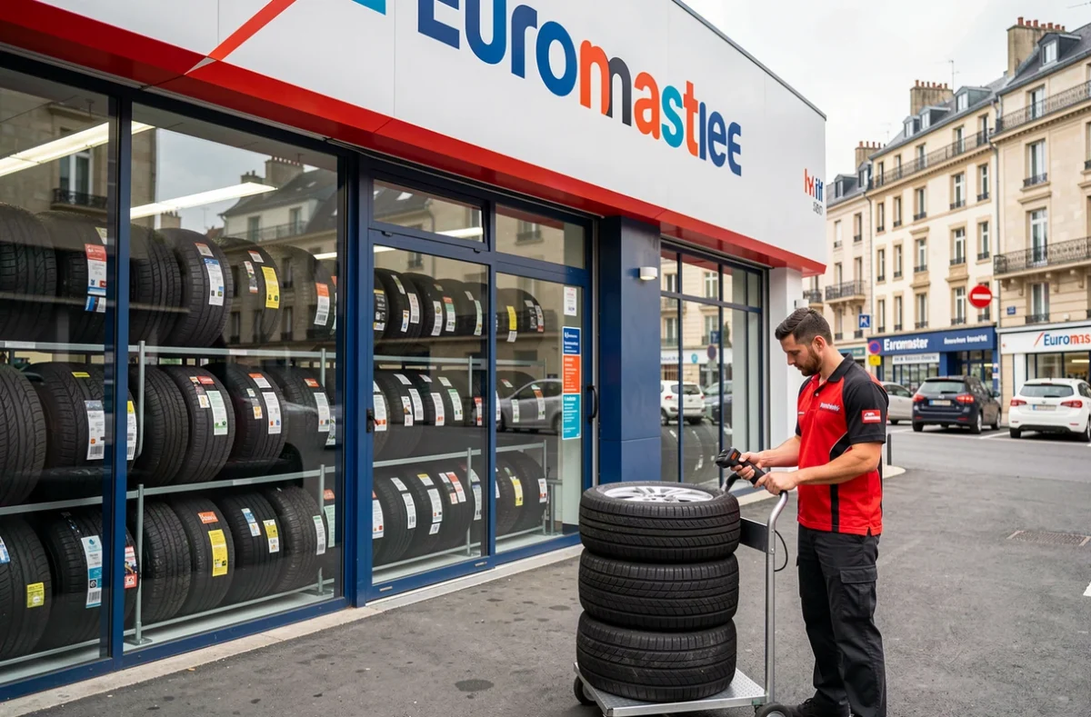 Technicien Euromaster Limoges Comte manipulant un pneumatique devant la façade brandée du centre auto